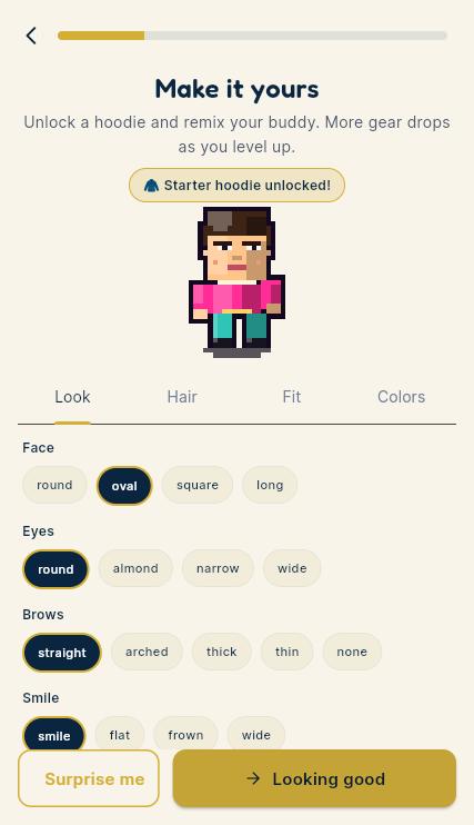 Make it yours: the buddy customizer with face, eyes, brows and smile options and Starter hoodie unlocked