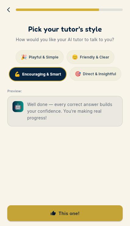 Pick your tutor's style: Playful, Friendly, Encouraging or Direct, with a preview message
