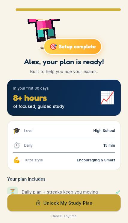 Alex, your plan is ready! — personalised plan with level, daily minutes and tutor style